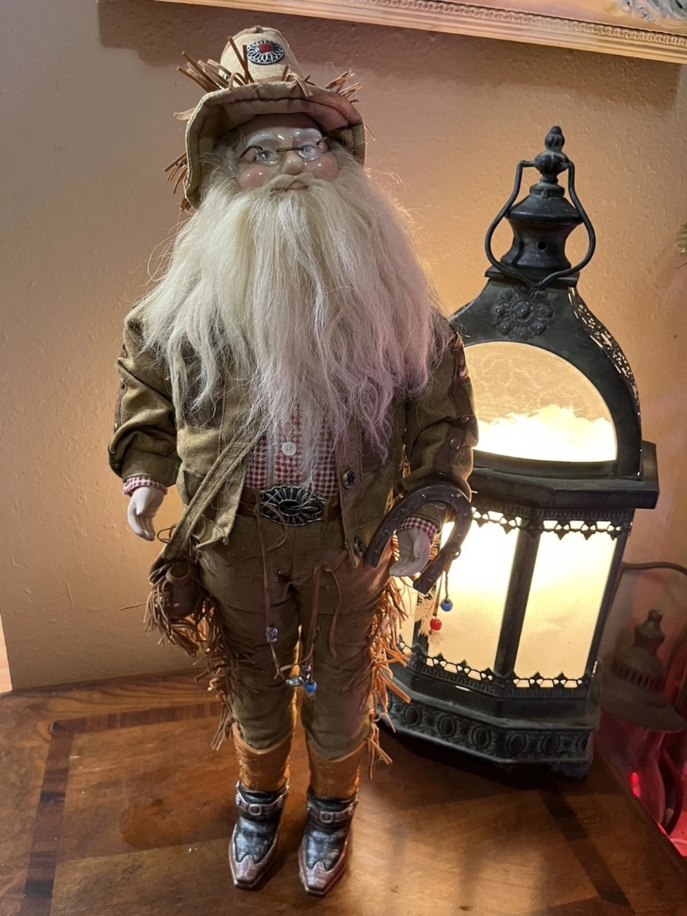 Vintage RARE Rustic Western Cowboy Santa Claus Christmas 25” Standing Handmade